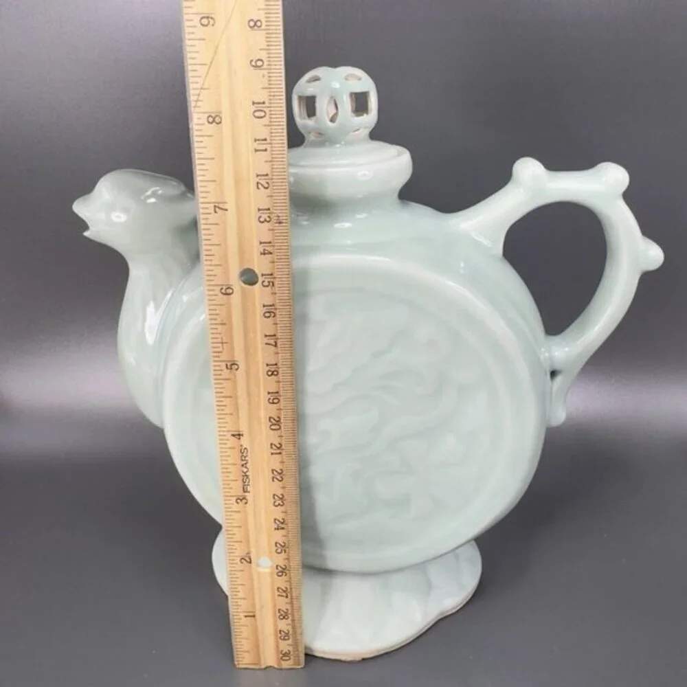 Vintage Chinese Celadon Teapot Phoenix Articulated‎ Lid Jug Carafe Light Green